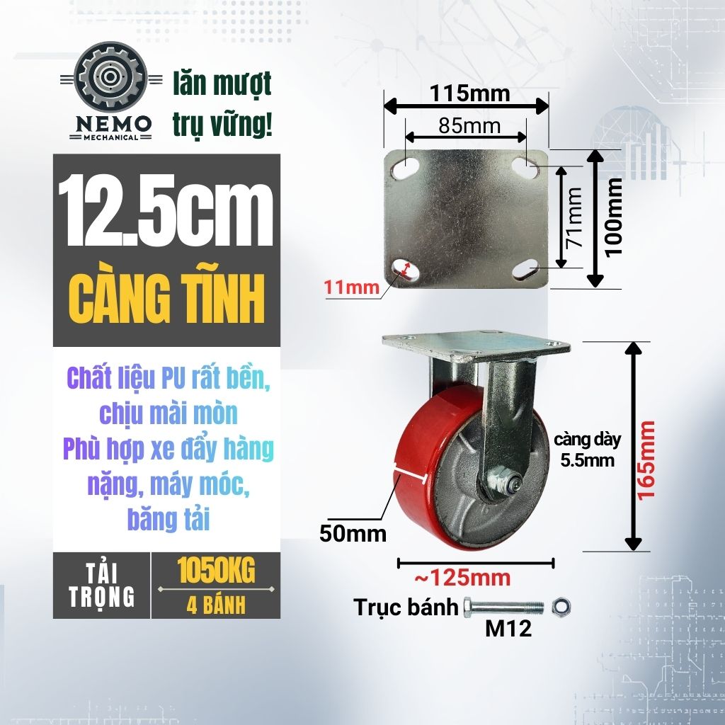 Bánh Xe PU Lõi Sắt Tải Nặng – Khung Càng Thép 5.5mm (D100, D125, D150, D200)
